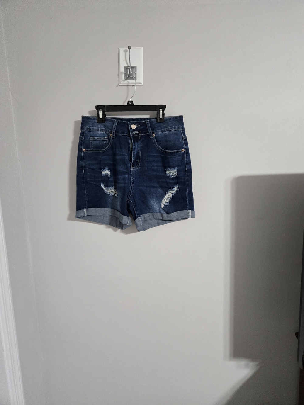 SHEIN Dark Blue Distressed Rolled-Hem Denim Shorts